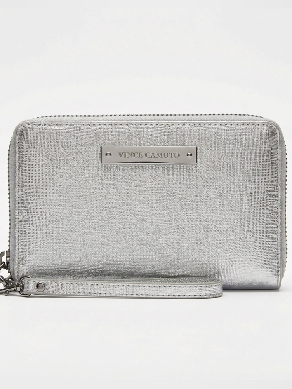 Vince Camuto Silver Metallic Wristlet Wallet | Zip Around | Textured Leather